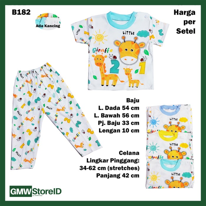 B182 Setelan Bayi Giraffe Baju Lengan Pendek Celana Panjang Tebal