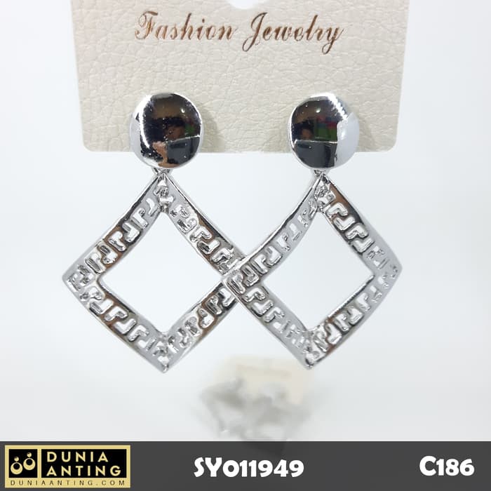 C186 Anting Tusuk Giwang Circle Square Ukir Silver Platinum 4,7cm