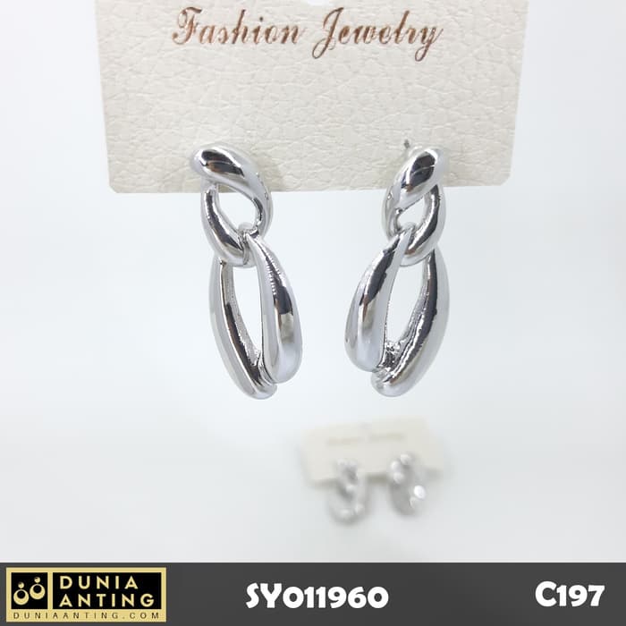 C197 Anting Tebal Double Strong Chain Silver Platinum Earrings 3,5cm