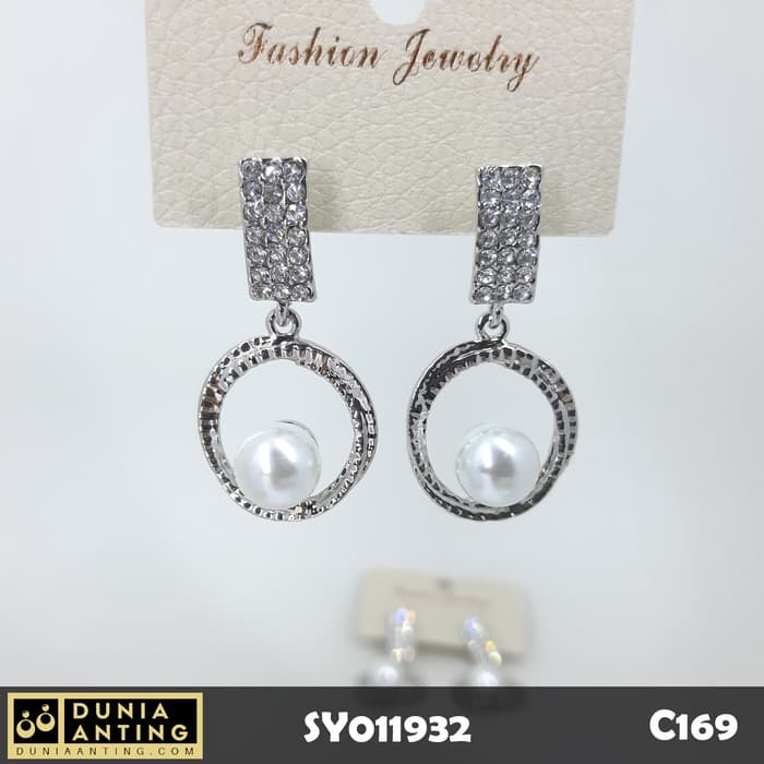 C169 Anting Tusuk Persegi Permata Pearl Silver Swarovski Mutiara 4,3cm