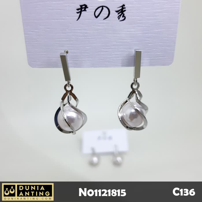 C136 Anting Tusuk Platinum Permata Mutiara Pearl Gem Earings Silver