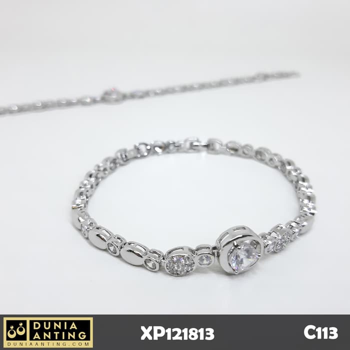 C113 Gelang Rantai Silver Mata Bulat Swarovski Imitasi Platinum