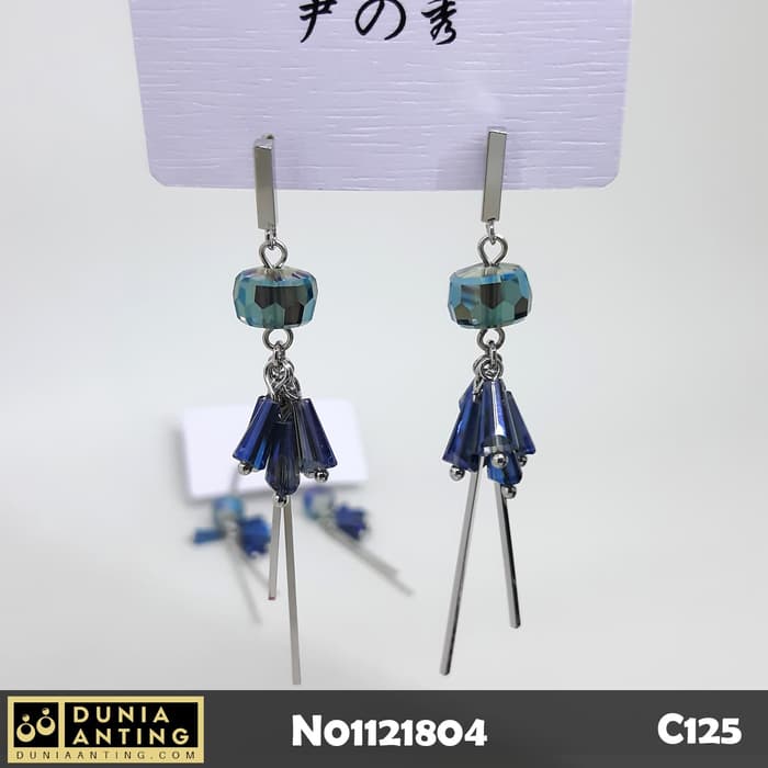 C125 Earings Anting Panjang Platinum Blue Crystal Model Tusuk