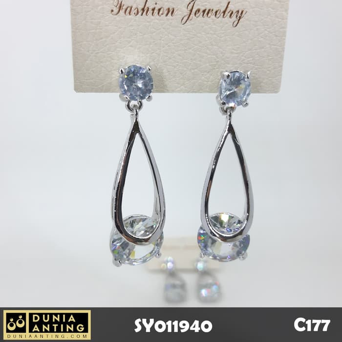 C177 Perhiasan Anting Double Permata Kristal Swarovski Platinum 5cm