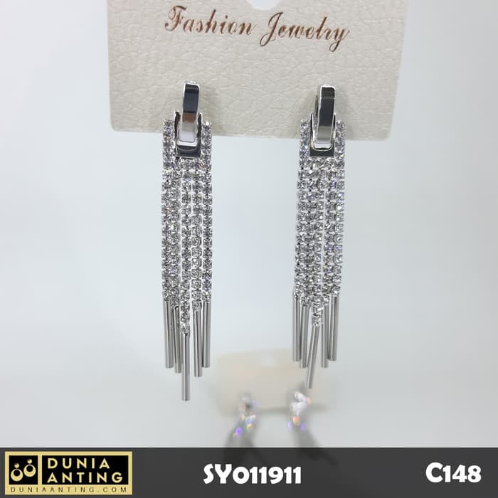 C148 Perhiasan Anting Long Earings Silver Five Smarovski Silver 5,5cm