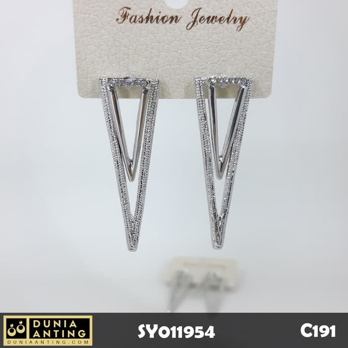 C191 Anting Tusuk Double Triangle Full Swarovski Silver Platinum 5,5cm