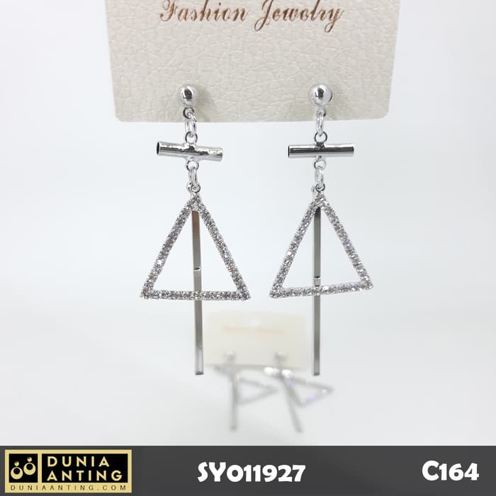 C164 Anting Tusuk Long Cross Triangle Silver Swarovski Mutiara 6cm