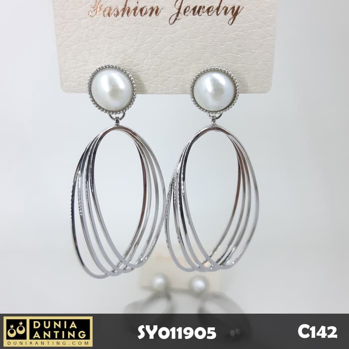 C142 Perhiasan Anting Model Oval Silver Quartet Mata Mutiara 5.5 cm