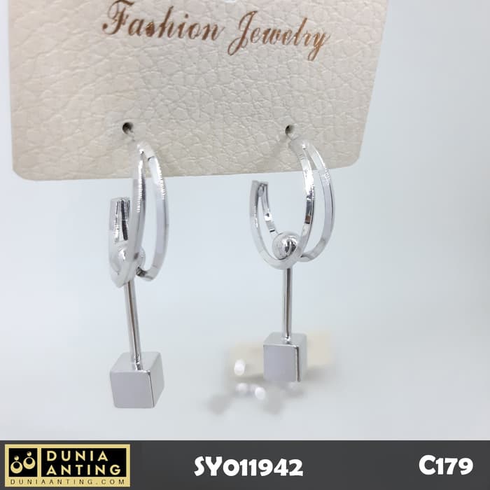 C179 Perhiasan Anting Model Gantung Circle Square Silver Platinum 4cm