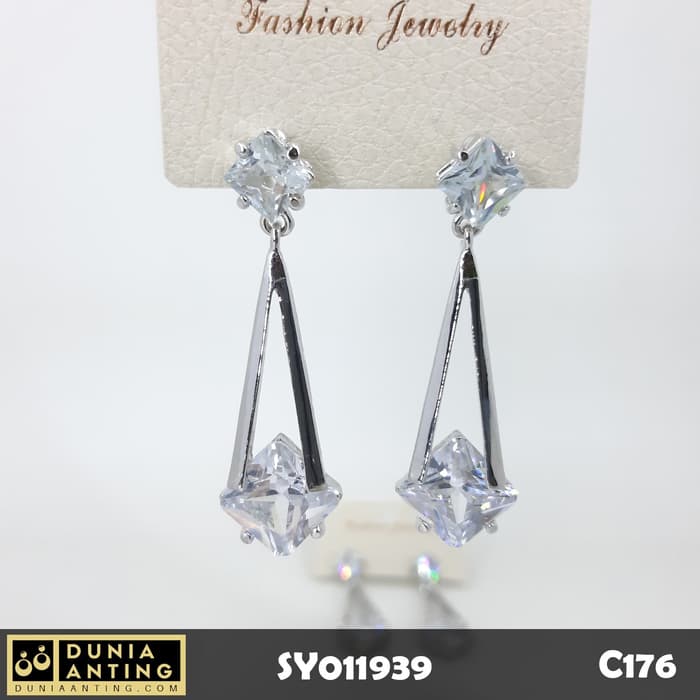 C176 Anting Tusuk Double Swarovski Model Segitiga Platinum 5,5cm