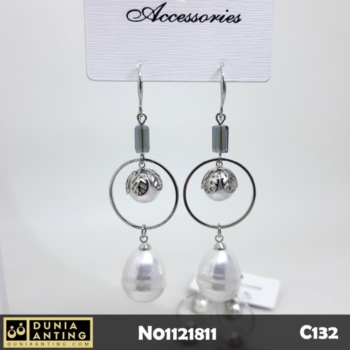 C132 Anting Gantung Platinum Double Mutiara 7cm Earings White Pearl