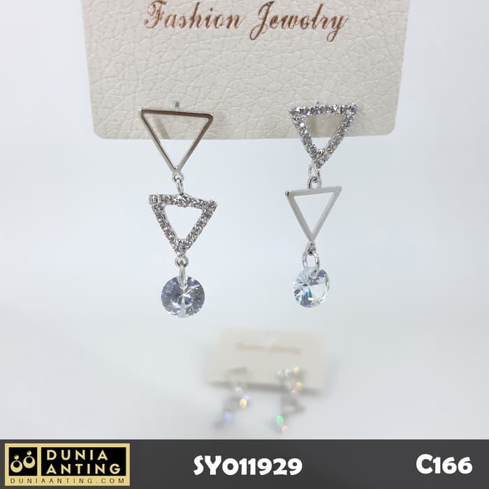 C166 Anting Tusuk Dual LeftRight Opposite Silver Permata Kristal 3,8cm