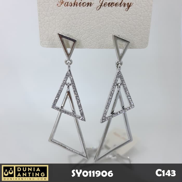 C143 Perhiasan Anting Triple Triangle Earings Swarovski Silver 6,5 cm