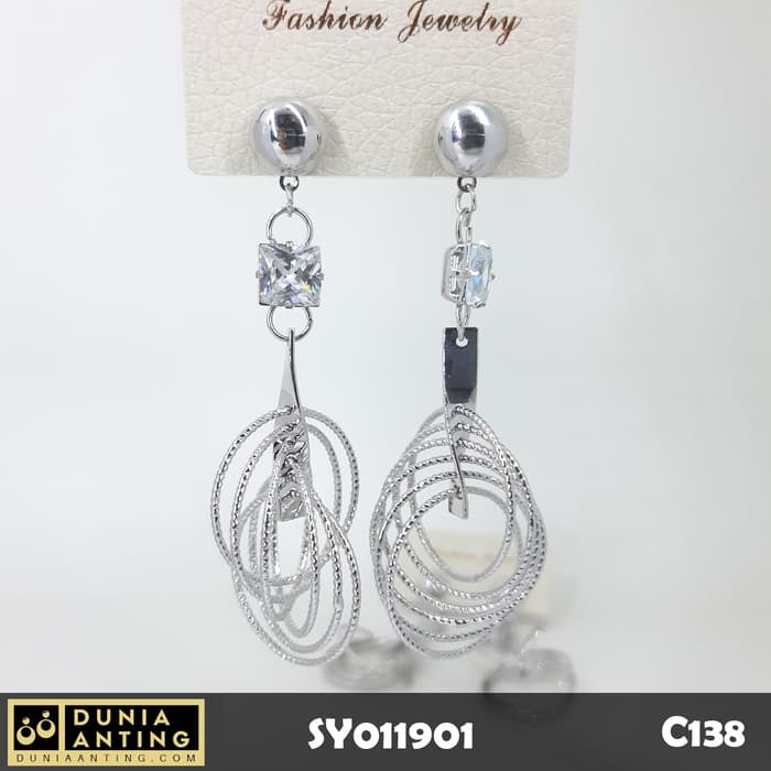 C138 Perhiasan Anting Earings Panjang 7cm Motif 6 Ring Pearl Silver