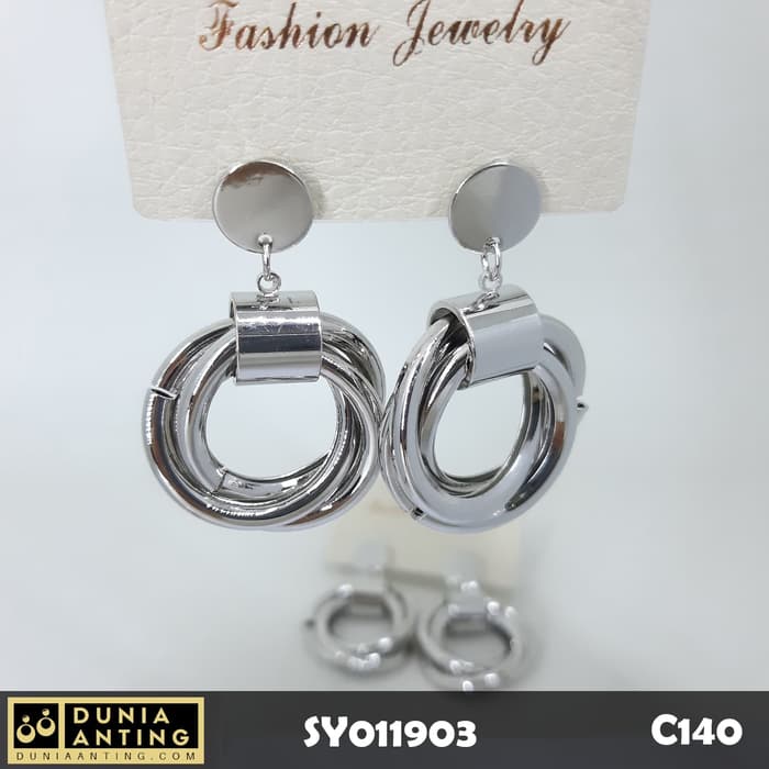 C140 Perhiasan Anting Tusuk Triple Ring Earings Silver Platinum 4 cm