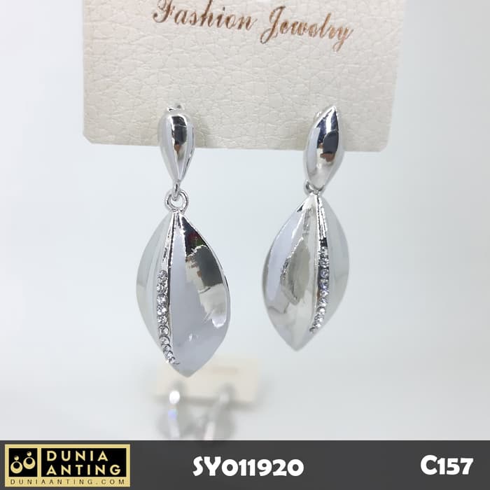 C157 Perhiasan Jewelry Anting Silver Model Daun Permata Kristal 4,5cm