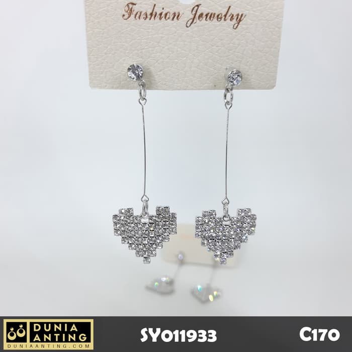 C170 Anting Tusuk Model Hati Permata Kristal Silver Long Earring 5,5cm