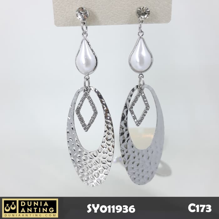 C173 Anting Panjang Oval Wajik Permata Mutiara Silver Platinum 8cm