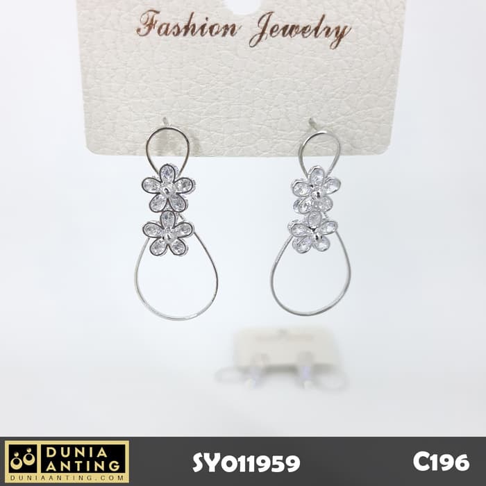 C196 Perhiasan Anting Bunga Double Oval Flower Silver Platinum 3,5cm