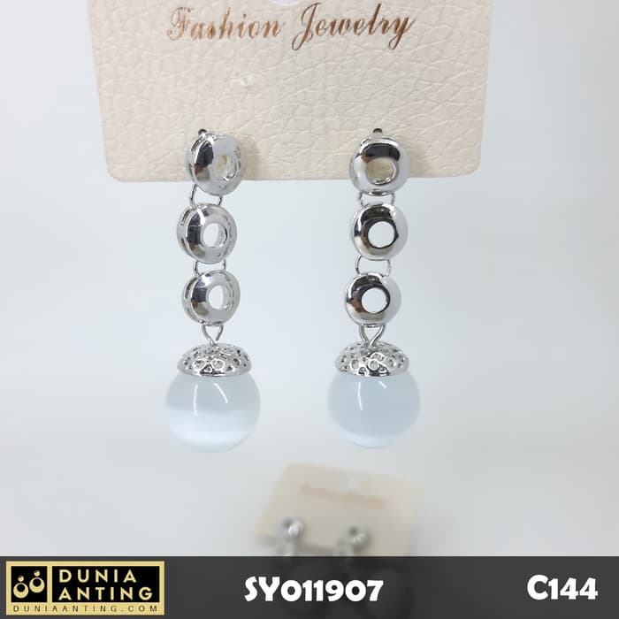 C144 Perhiasan Anting Triple Ring Bola Mutiara Kristal Silver 4,5 cm