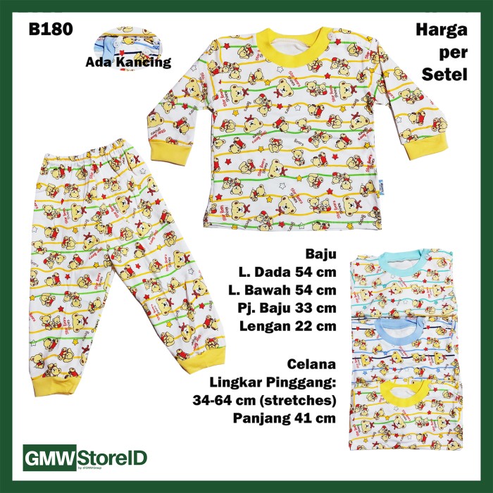 B180 Setelan Bayi Star Bears Baju Lengan Celana Panjang Putih Warna