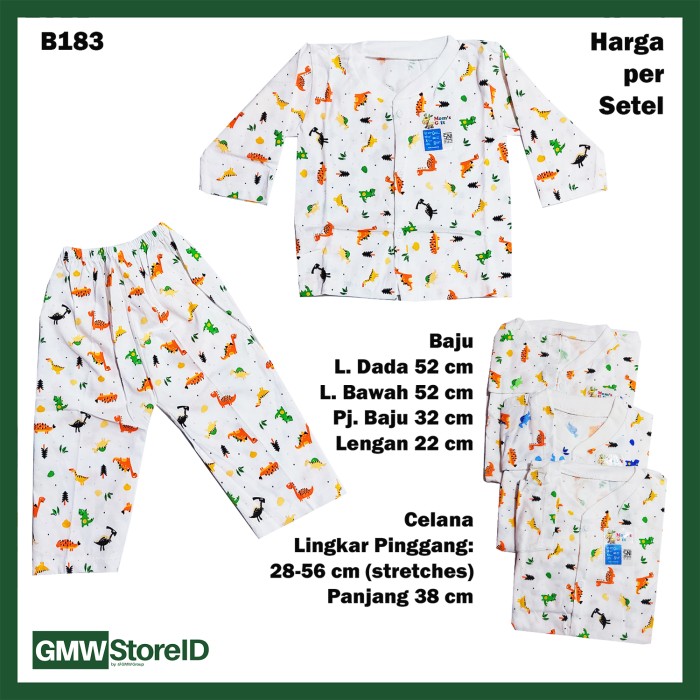 B183 Setelan Bayi Piyama Putih Motif Dino Celana Baju Lengan Panjang