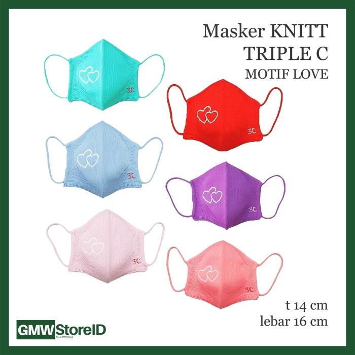 W756 Masker Knitt Motif Love Hati Premium Mask Anti Debu Tebal Warna