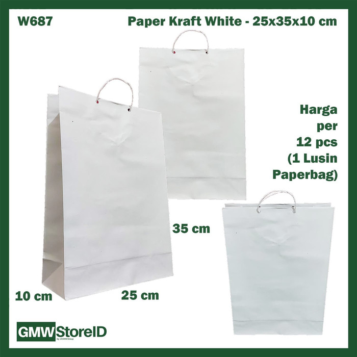 W687 Paperbag Paper Kraft Putih Polos 25x35x10cm Goodiebag Tas Kertas