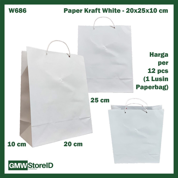 W686 Paperbag Paper Kraft Putih Polos 20x25x10cm Goodiebag Tas Kertas