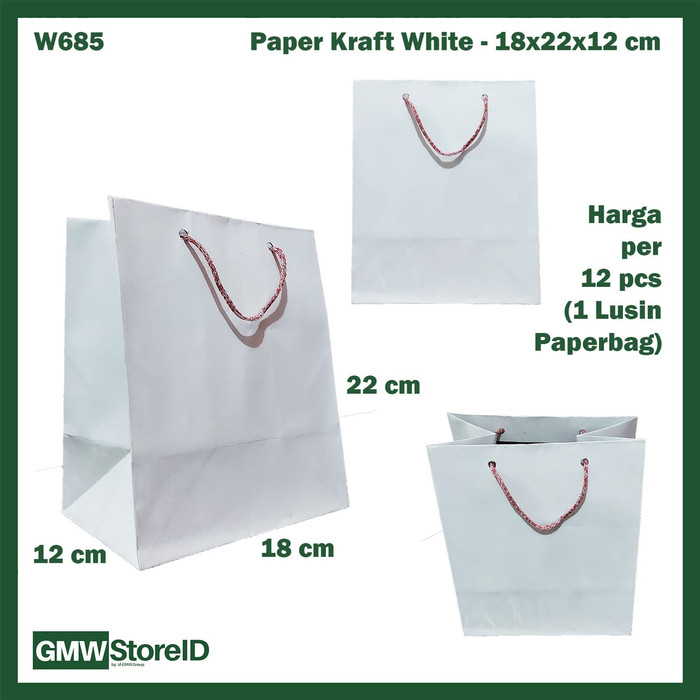 W685 Paperbag Paper Kraft Putih Polos 18x23x12cm Goodiebag Tas Kertas