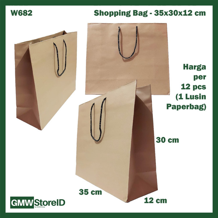 W682 Paperbag Coklat Polos Shopping Bag Goodiebag Belanjaan 35x30x12cm