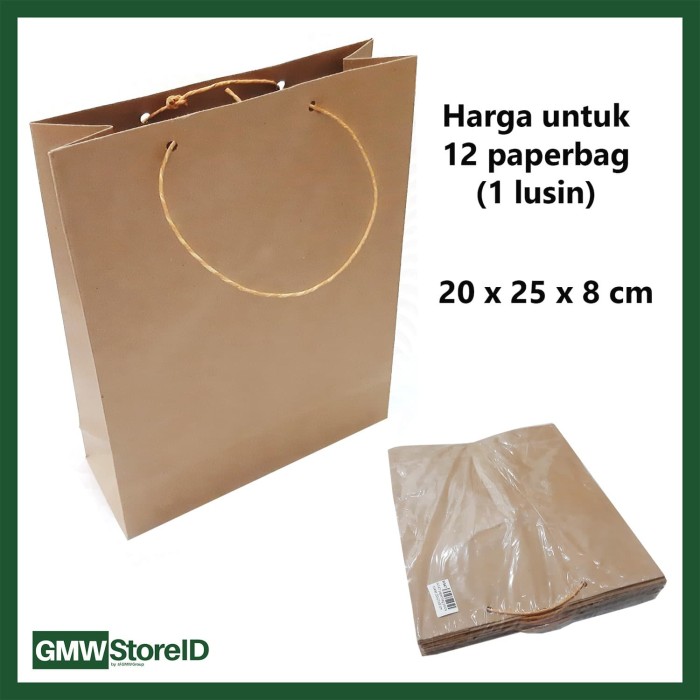 W547 Paperbag Polos Coklat Souvenir Goodie Bag Tas Kertas 20x25x8 cm