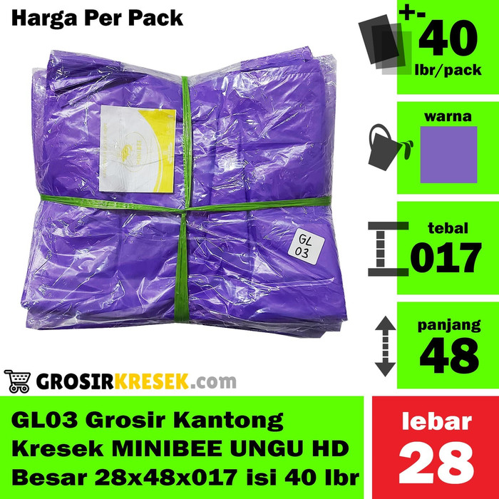 GL03 Grosir Kantong Kresek MINIBEE UNGU HD Besar 28x48x017 isi 40 lbr